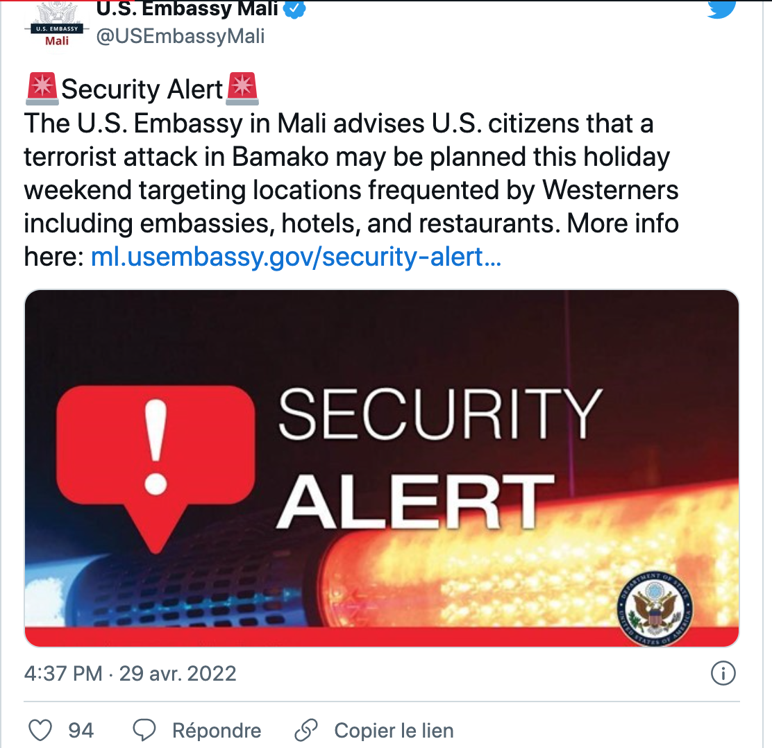 Mali : Alerte à la bombe à Bamako (Ambassade des Usa)