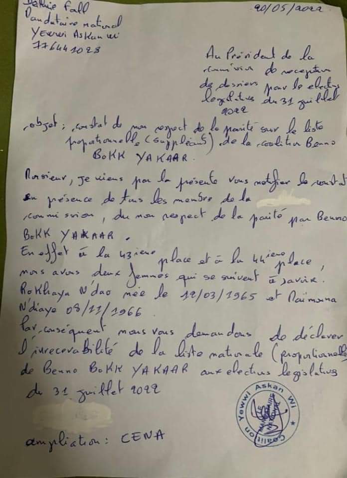Liste nationale Benno Bokk Yaakar: le mandataire de "Yewwi" décéle une entorse à la parité