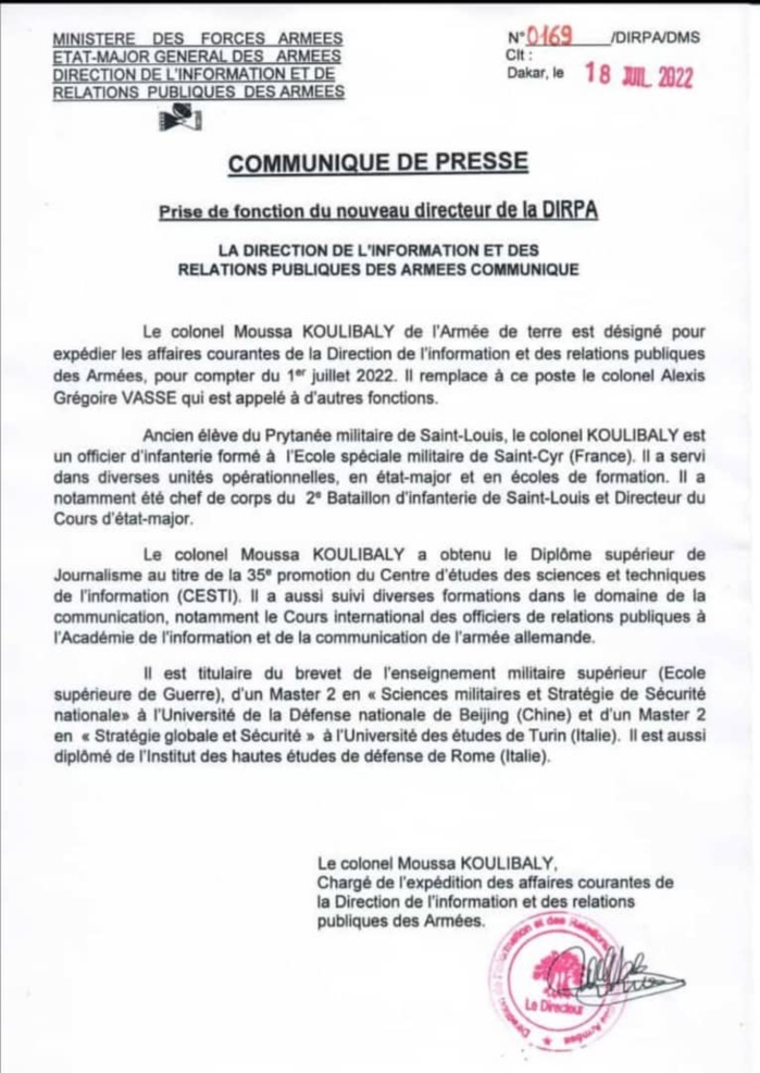 Communication de l'armée : Le colonel Moussa Coulibaly prend les commandes de la DIRPA.