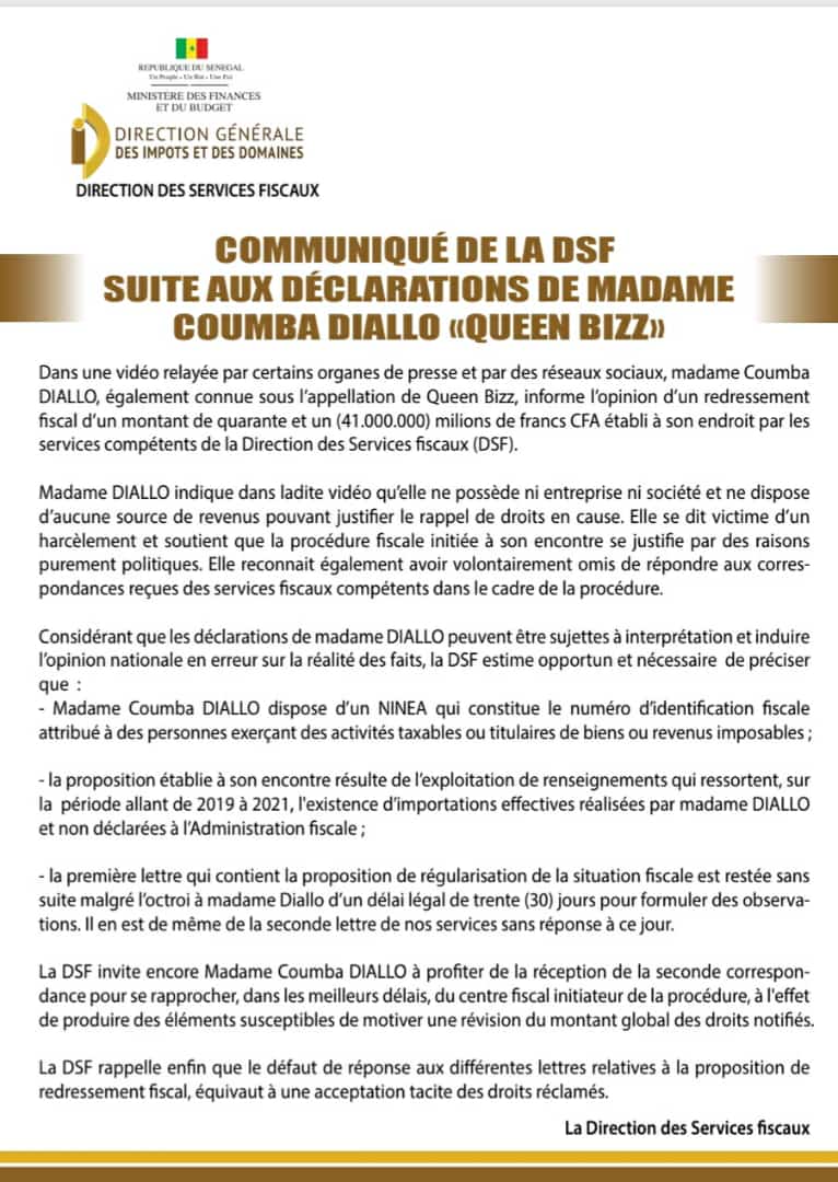 Redressement fiscal de  40 millions de francs CFA à la chanteuse Queen Biz- Voici le communiqué de la Direction générale des Impôts et Domaines (DGID)
