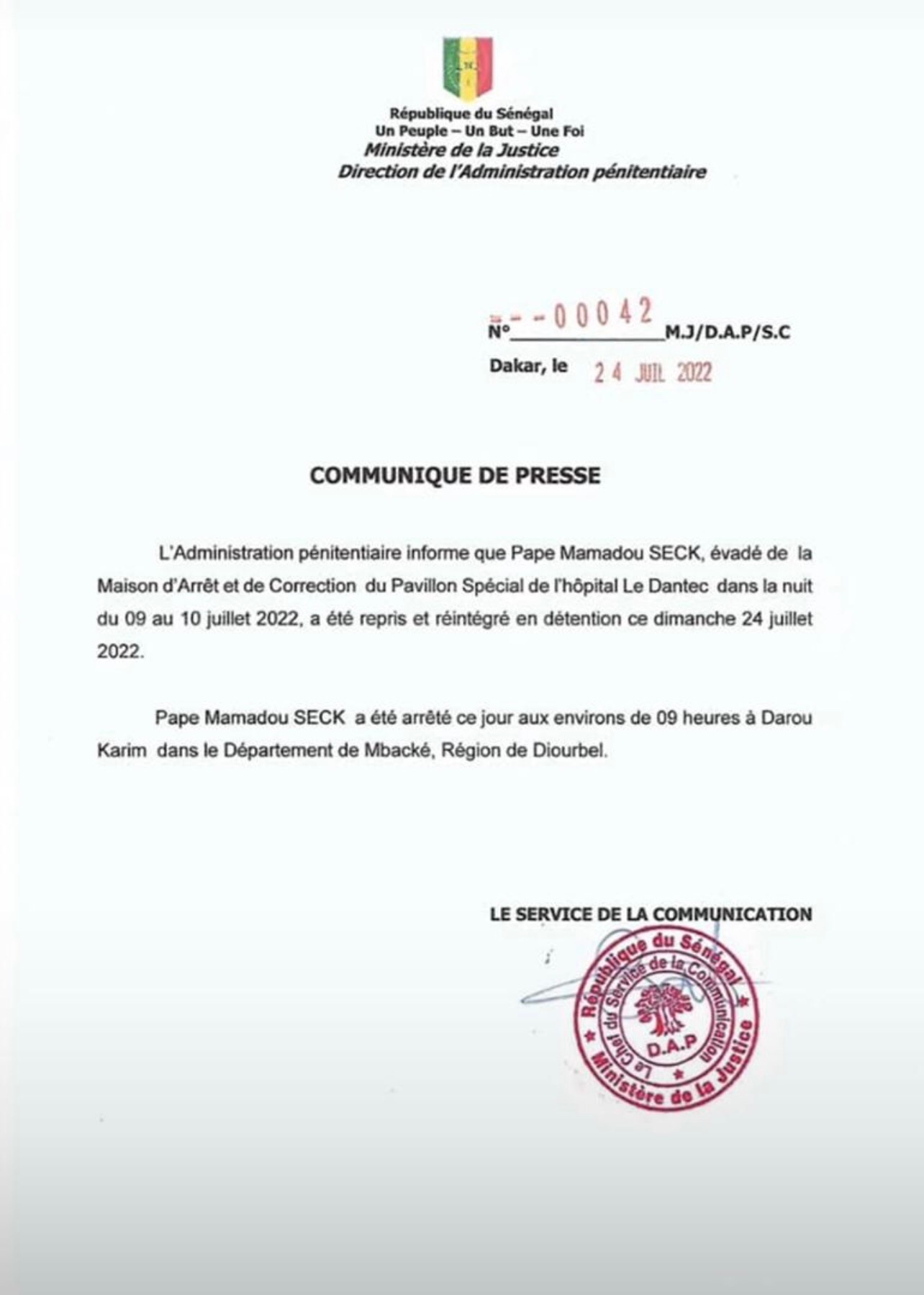 Le fugitif Pape Mamadou Seck finalement arrêté (document)
