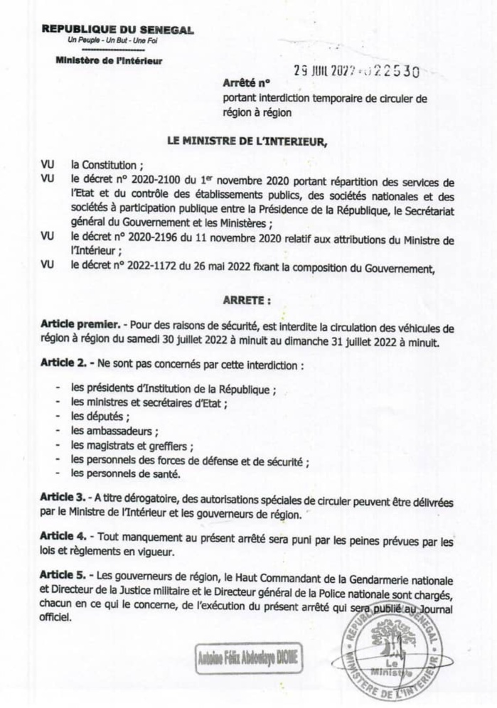 Élections législatives du 31 juillet 2022 : la circulation inter-région sera interdite à partir de samedi minuit.