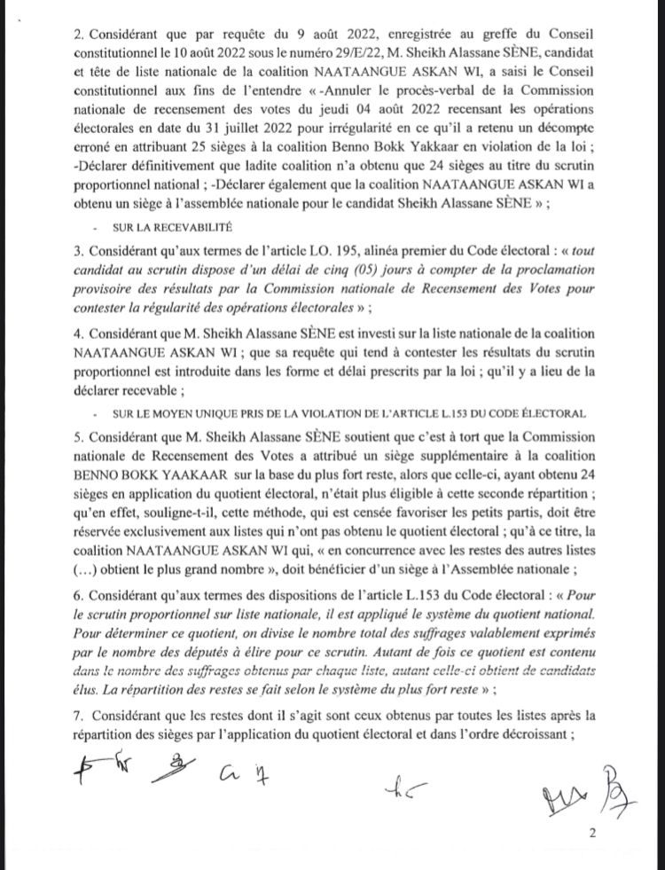 Le Conseil constitutionnel proclame les résultats définitifs des élections législatives du 31 juillet dernier et...rejette le recours de Sheikh Alassane Sène (DOCUMENT)