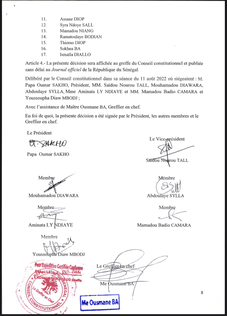 Le Conseil constitutionnel proclame les résultats définitifs des élections législatives du 31 juillet dernier et...rejette le recours de Sheikh Alassane Sène (DOCUMENT)