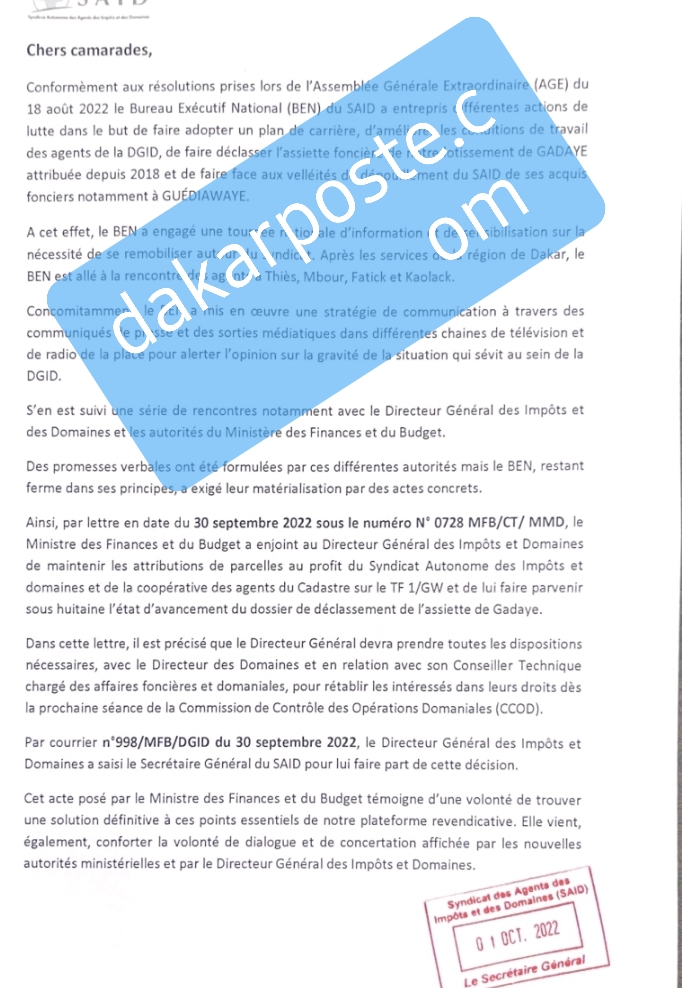 SÉNÉGAL- L'Etat maintient les attributions des parcelles au profit des syndicalistes des Impôts et Domaines (EXCLUSIVITÉ DAKARPOSTE)