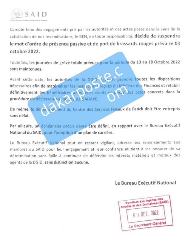 SÉNÉGAL- L'Etat maintient les attributions des parcelles au profit des syndicalistes des Impôts et Domaines (EXCLUSIVITÉ DAKARPOSTE)