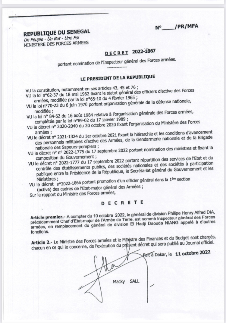De nouvelles nominations dans les rangs de l’Armée Sénégalaise