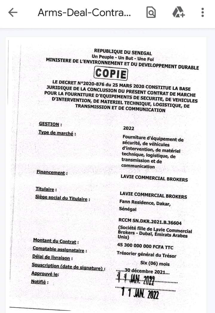 Documents :Voici l'intégralité du contrat d’armement entre l’Etat du Senegal et " Petit Boube "
