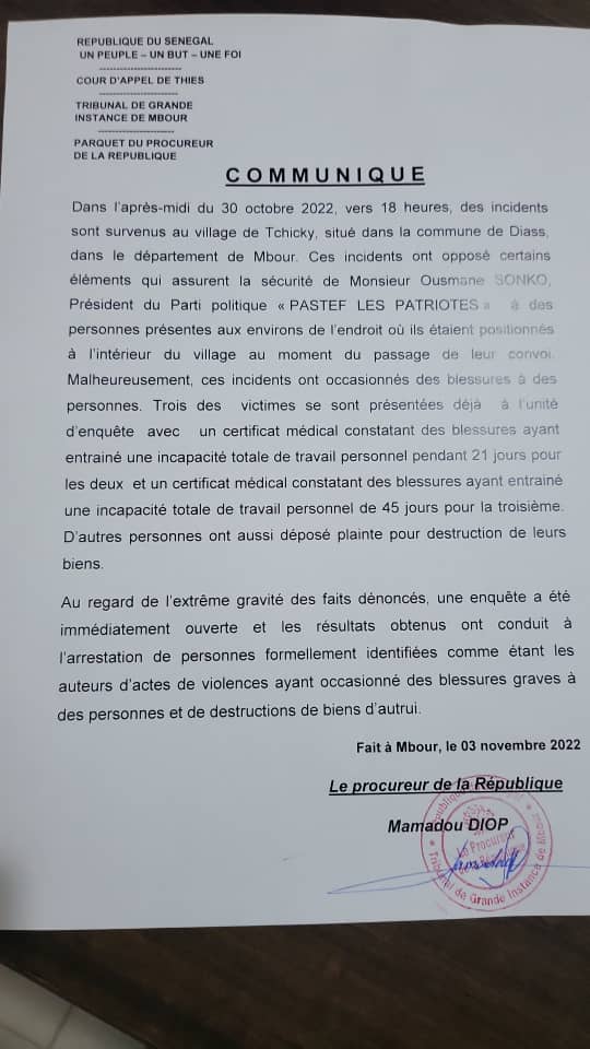 Nervis de Sonko mis aux arrêts- Voici le communiqué officiel du Parquet de Mbour