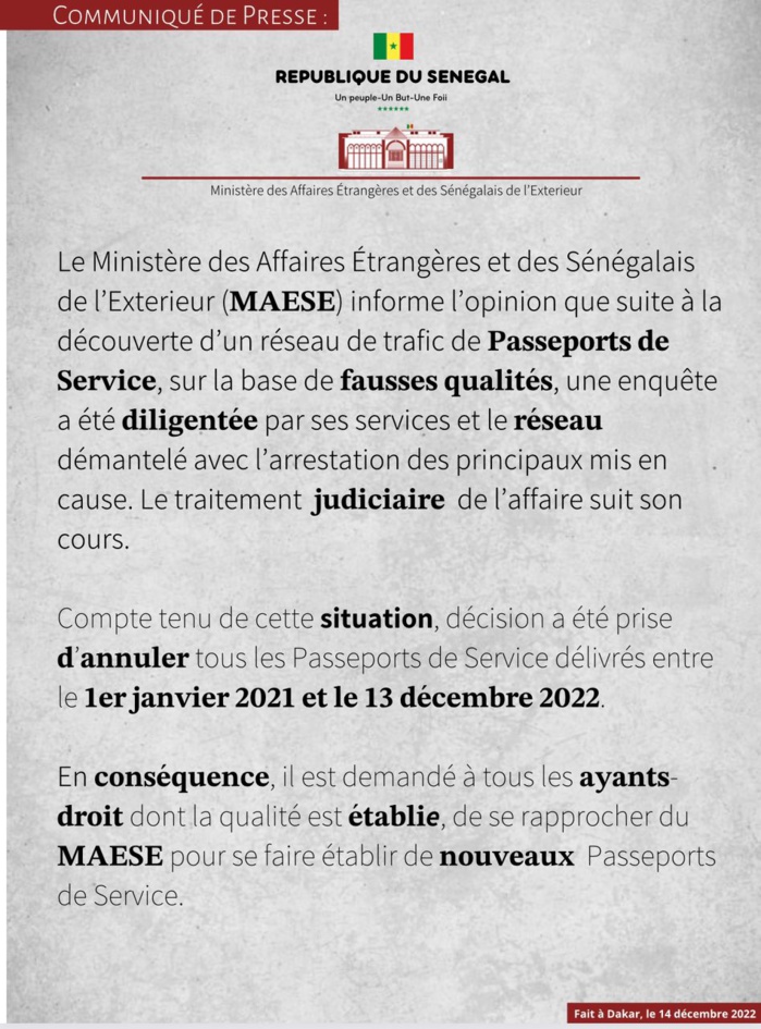 Démantèlement d'un Réseau de trafic de Passeports de Service: Le Ministère des Affaires étrangères annonce l'annulation de tous les Passeports de Service délivrés entre le 1er janvier 2021 et le 13 décembre 2022