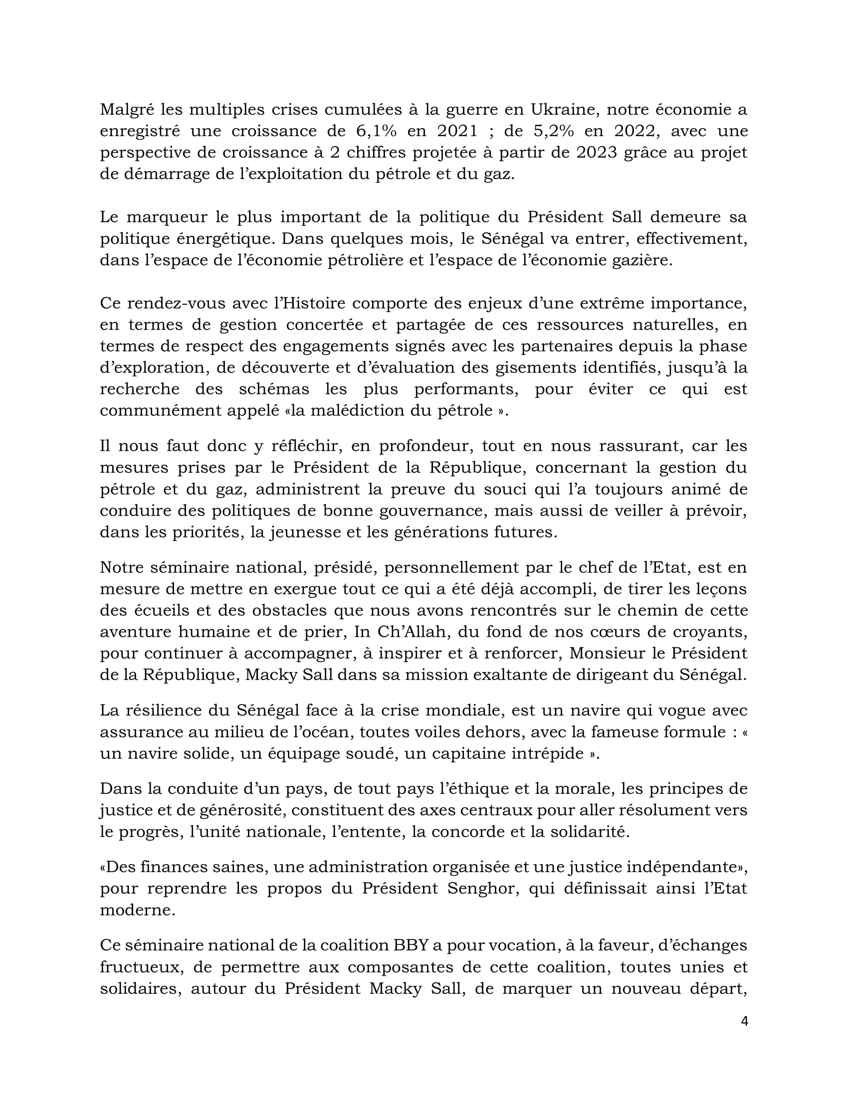 SEMINAIRE DE LA COALITION BENNO DU 23 DECEMBRE 2022- VOICI LA RESOLUTION SUR LA RESILIENCE DU SENEGAL FACE A LA CRISE MONDIALE (DOCUMENT)