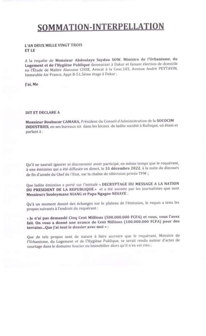 [Documents] Abdoulaye Sow sert une sommation interpellative à Boubacar Camara