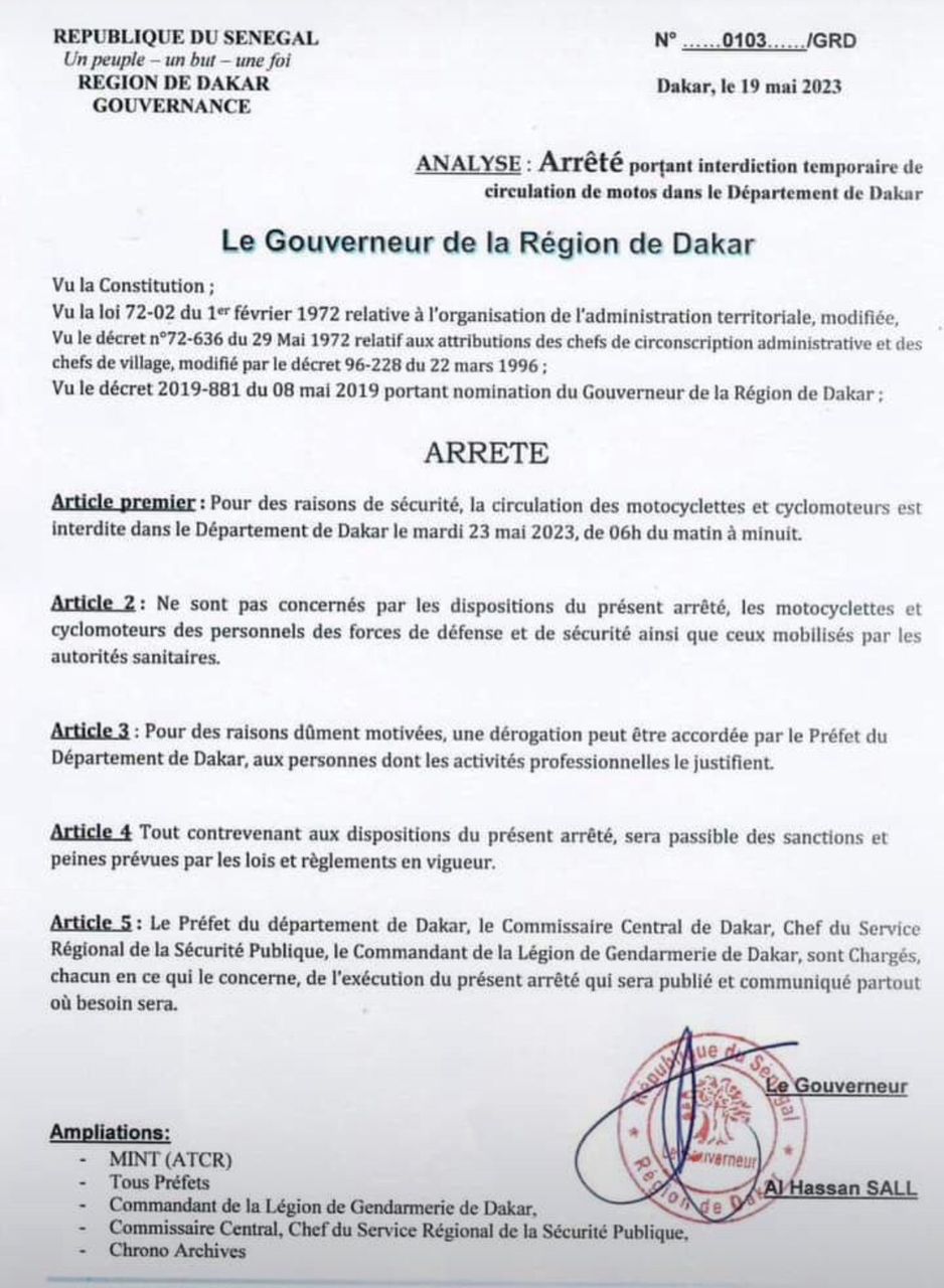 [Document] La circulation des motocyclettes interdite jusqu’à demain mardi