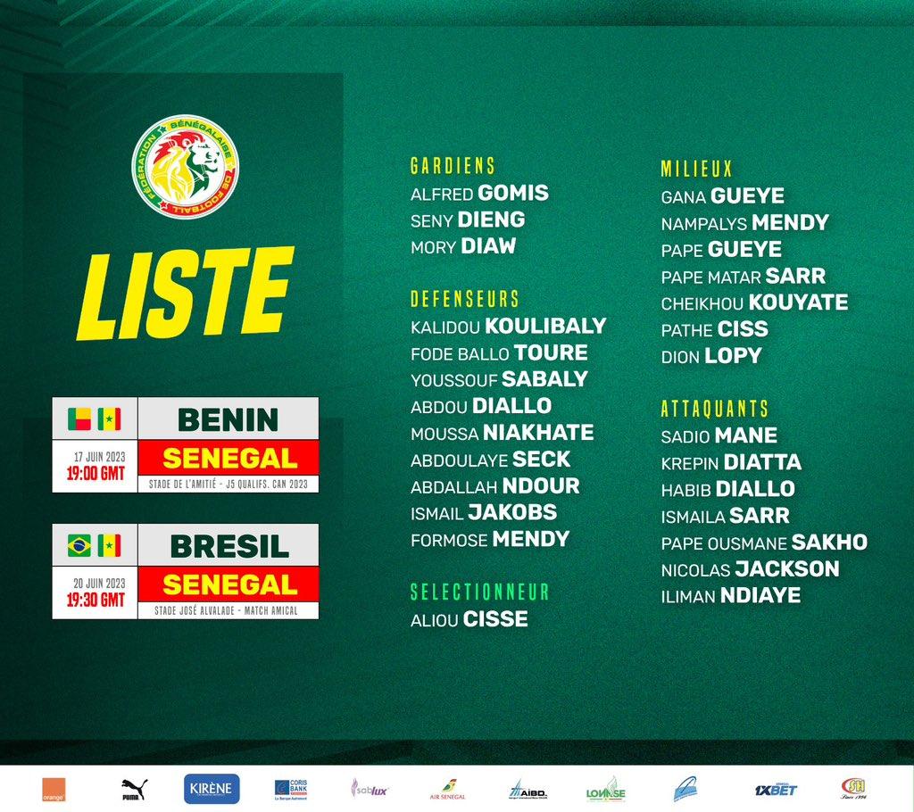 Matchs contre le Bénin et le Brésil : Aliou Cissé publie une liste de 26 joueurs