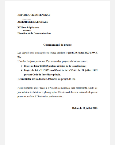 Assemblée nationale: les députés convoqués en plénière jeudi