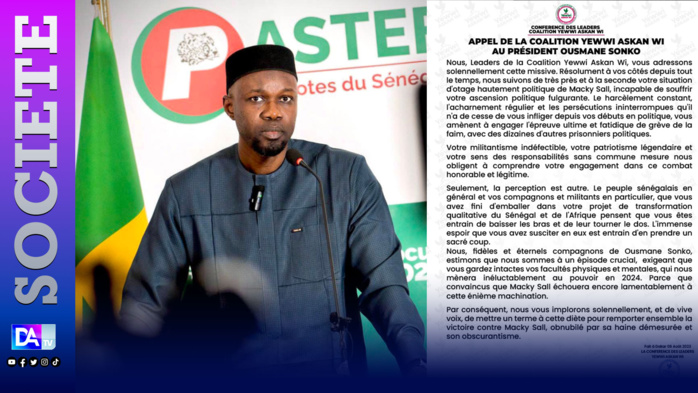 Grève de la faim : La coalition Yewwi Askan Wi demande à Ousmane Sonko de "mettre un terme à sa diète"