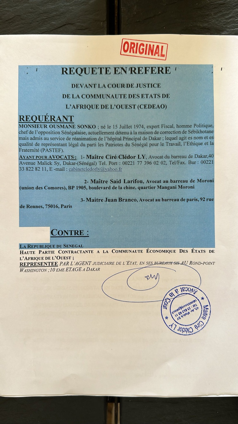Les avocats de Sonko dépose une Requête en Référé à la Cour de justice de la Cedeao pour sa libération
