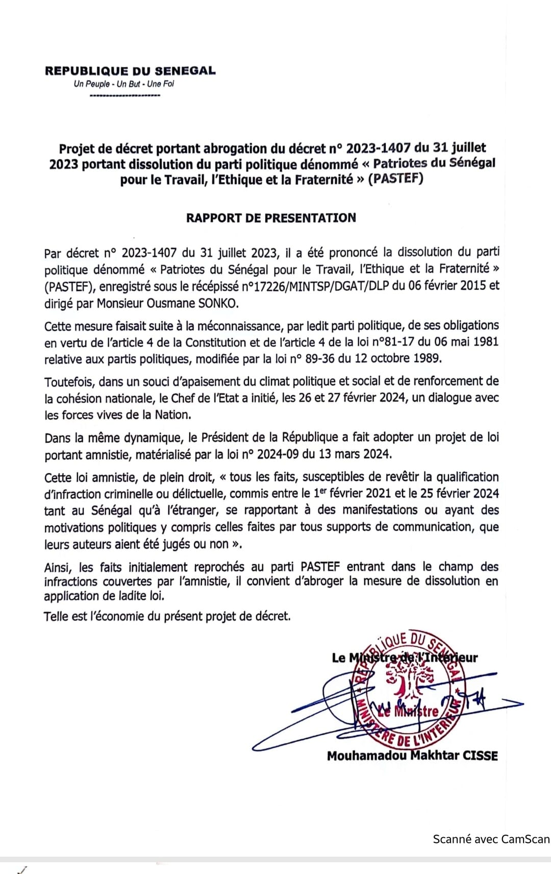LE DÉCRET ABROGEANT LE DÉCRET PORTANT DISSOLUTION DE PASTEF EST SIGNÉ LE 27 MARS 2024 PAR MACKY SALL.