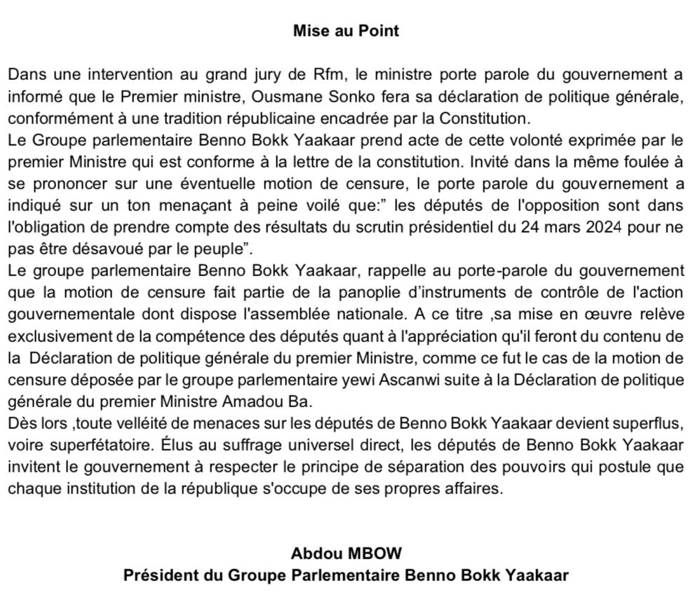 URGENT- Mise au point du Pr du groupe parlementaire de Benno (Abdou Mbow) 