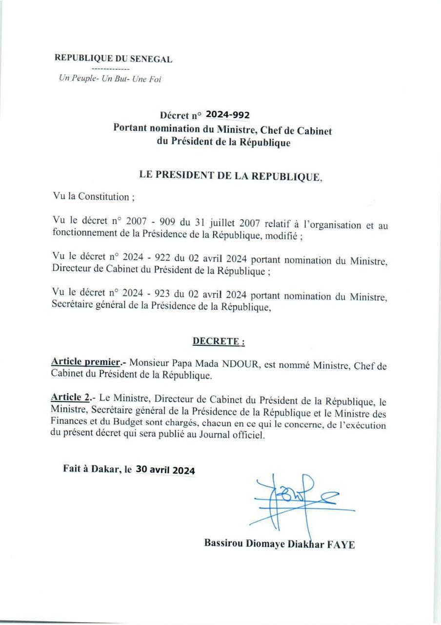 Le Président Diomaye choisit son chef de cabinet (Décret)