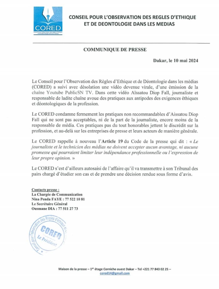 Faute dans l’exercice de sa fonction: le CORED recadre Aïssatou Diop Fall.