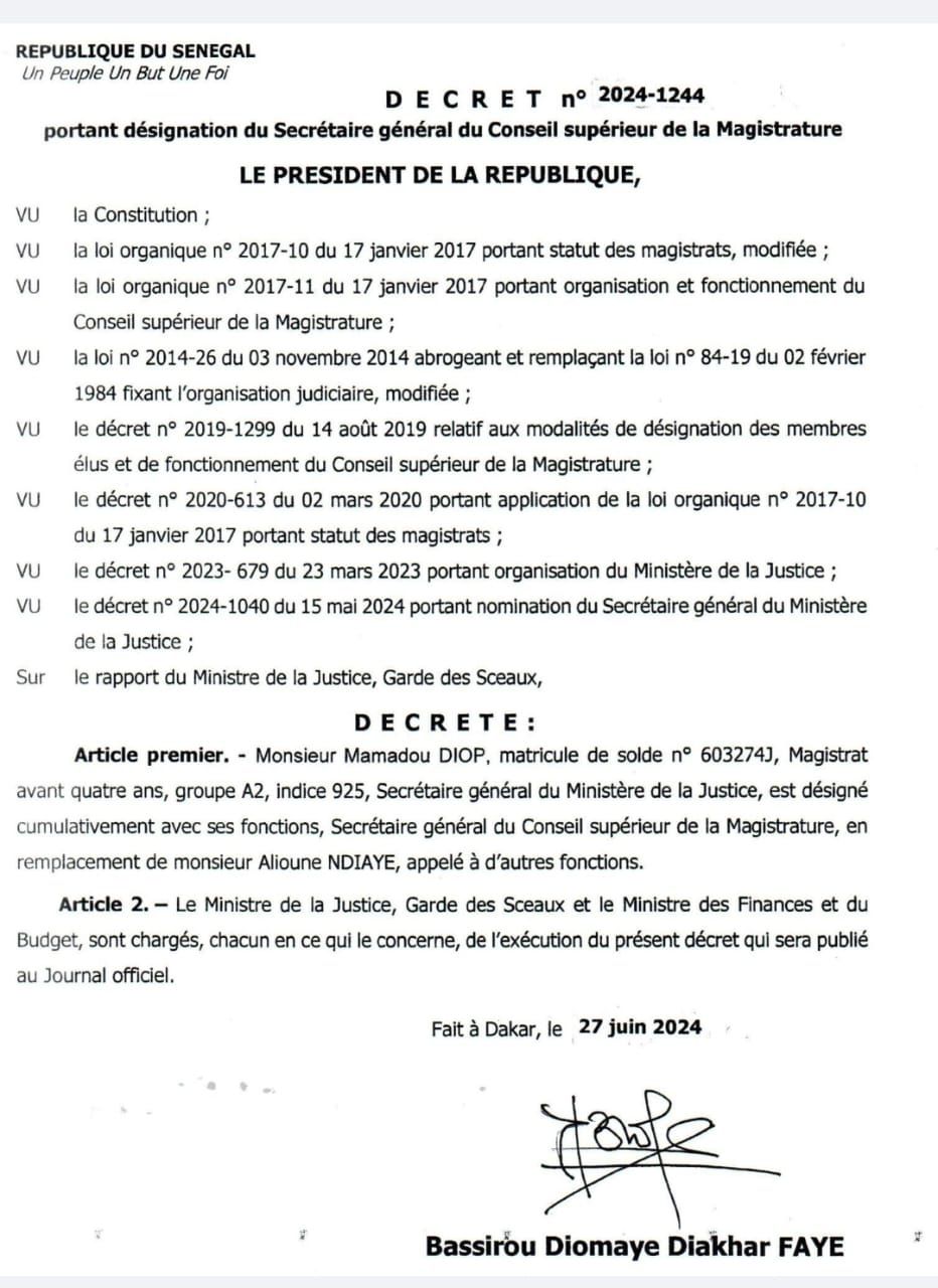Urgent - Cumulativement à ses fonctions, le magistrat Mamadou Diop, désigné Secrétaire général du Conseil Supérieur de la Magistrature (Décret)