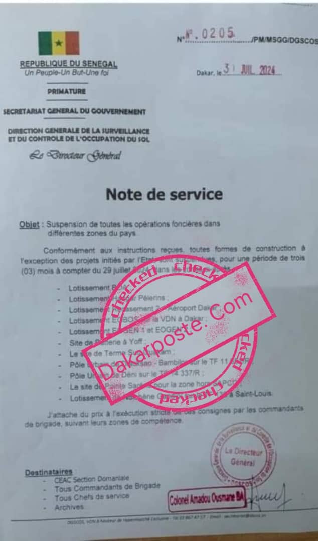 À peine nommé, le colonel Amadou Ousmane Ba, nouveau patron de la DESCOS, suspend toutes les opérations foncières dans différentes zones du pays