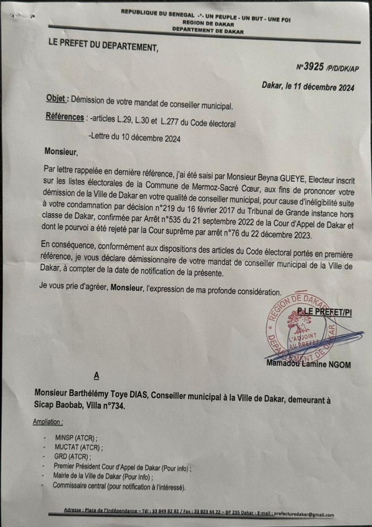 [Documents] Destitution de la mairie de Dakar : Barthélémy Dias a reçu et déchargé la notification du préfet