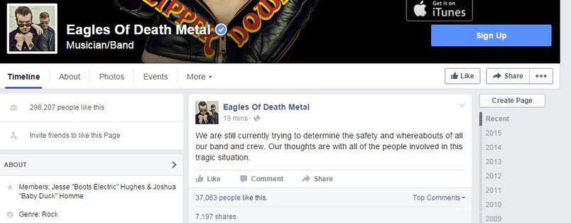 Le groupe de musique qui jouait au Bataclan réagit sur Facebook