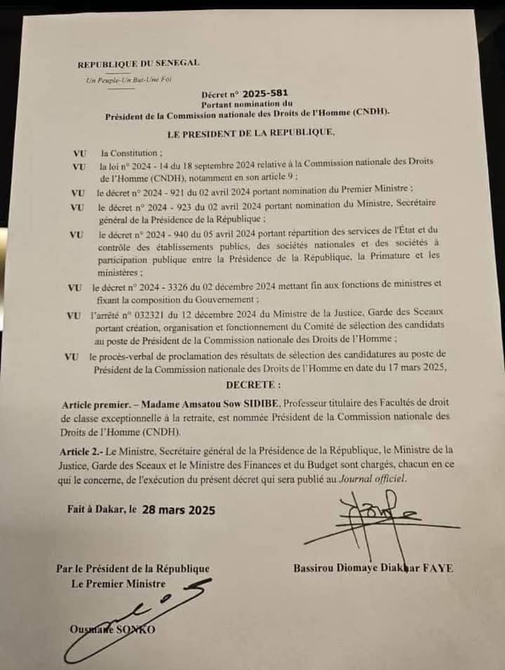 Présidence de la Commission Nationale des Droits de l’Homme - Le  Pr Bassirou Diomaye Faye nomme Amsatou Sow Sidibe