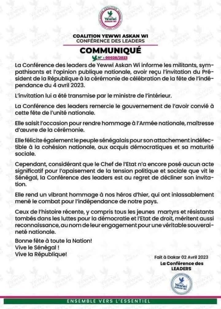 Célébration du 4 avril : Les leaders de l'opposition déclinent l’invitation du Pr Diomaye Faye