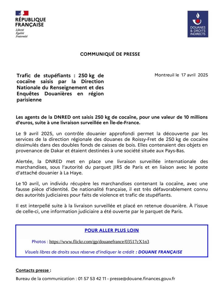  France: la douane saisit 250 kg de cocaïne en provenance de Dakar