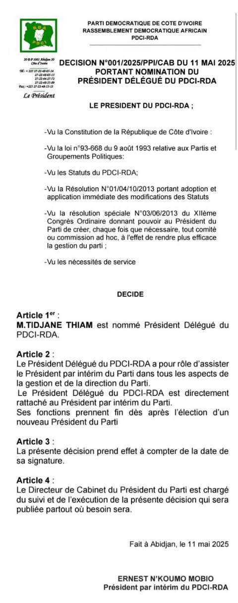 Ernest N’Koumo Mobio nommé Président par interim du PDCI – Tidjane Thiam devient Président Délégué