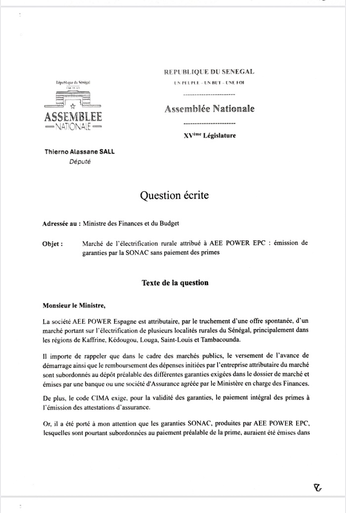 Affaire ASER-AEE PowerEPC : Thierno Alassane Sall adresse une question écrite au ministre des finances et du budget