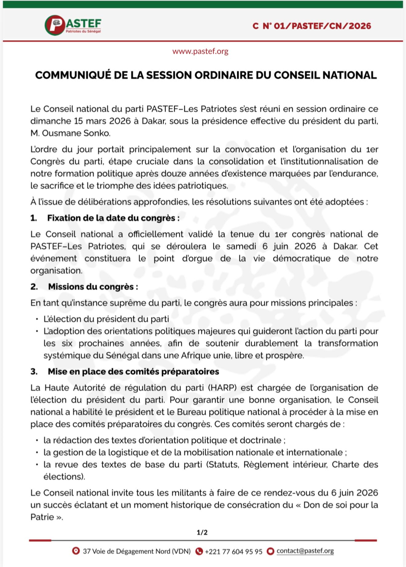🚨Le 1er congrès national de PASTEF–Les Patriotes  se déroulera le samedi 6 juin 2026 à Dakar 