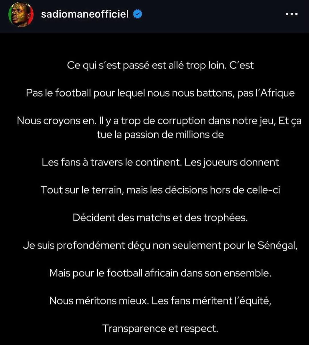 Le jury d'appel de la CAF déclare le Maroc vainqueur de la finale, Sadio Mané réagit 