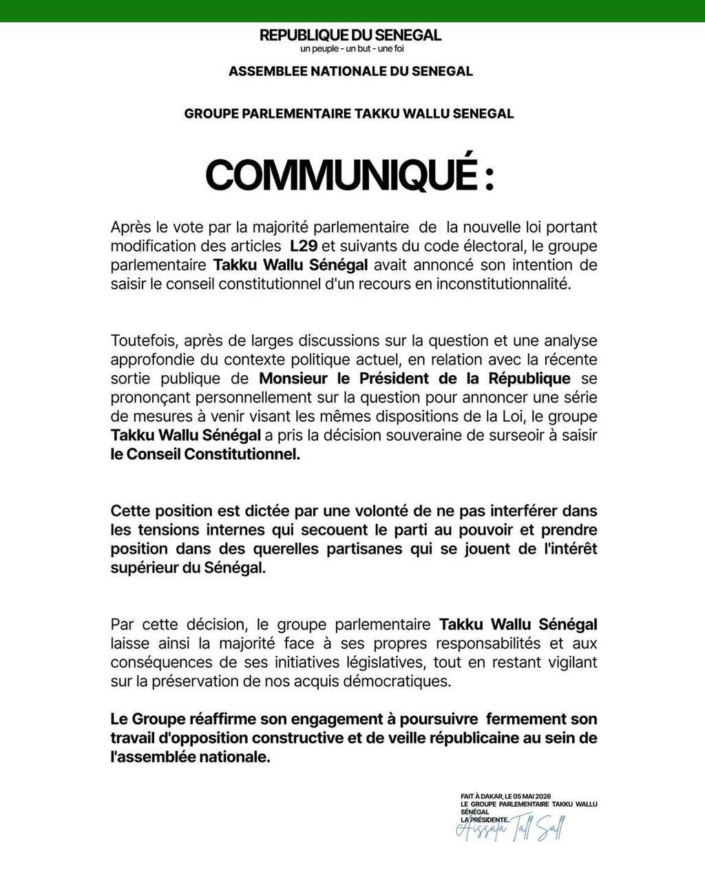 Le Groupe Takku Wallu Sénégal renonce finalement à saisir le Conseil Constitutionnel contre la modification des articles L29 et L30