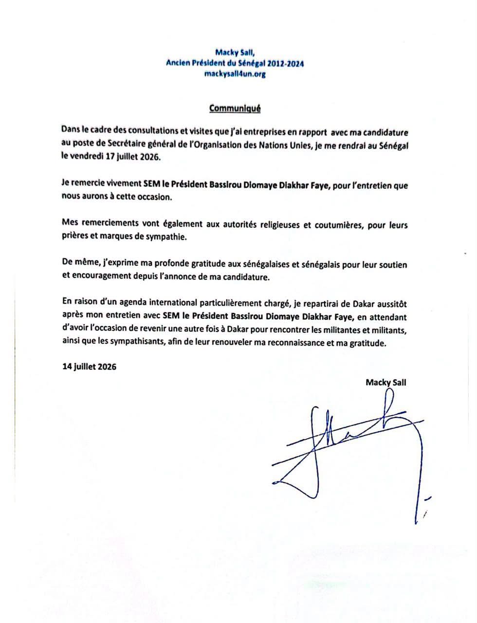 Message du candidat Macky Sall au poste de Sg des Nations-Unies : Visite de consultation au Sénégal et remerciements à la Nation