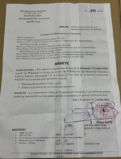 Interdiction du lancement de la campagne de vente de cartes à Tivaouane : la section locale annonce un recours légal