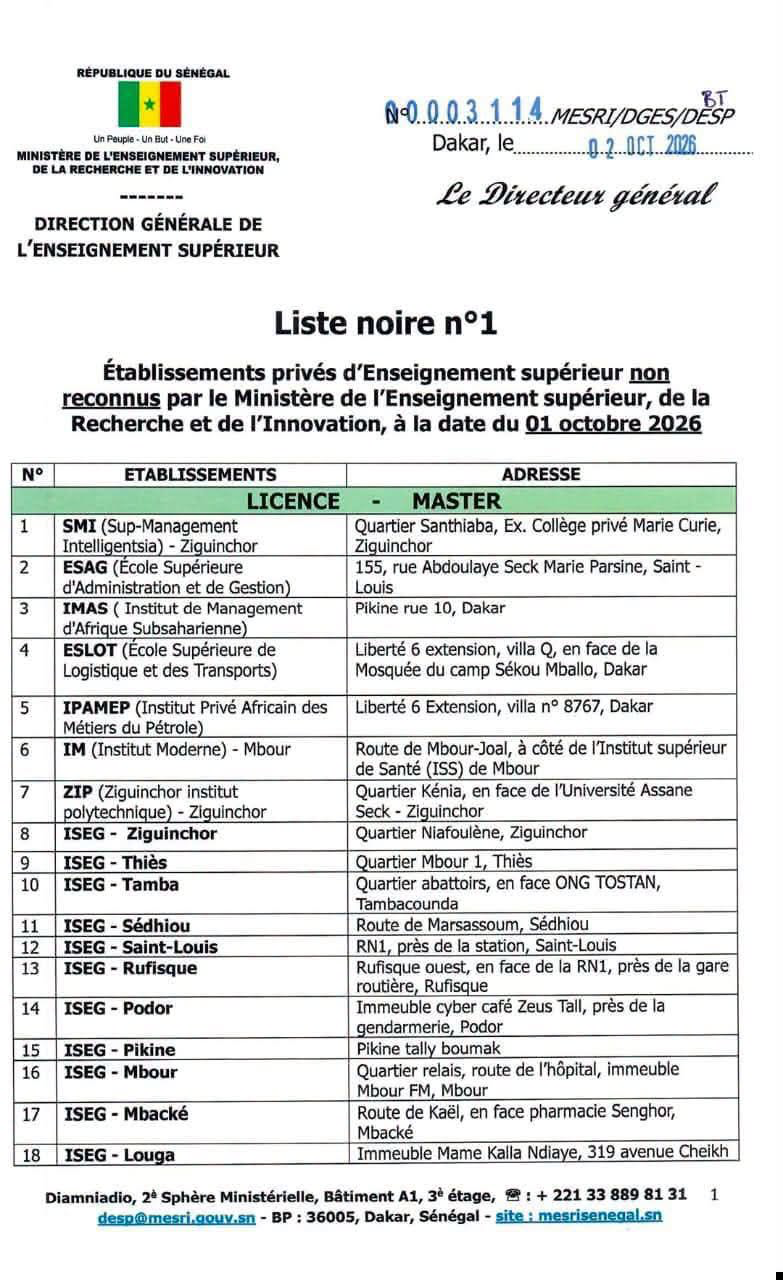 Le coup de balai du MESRI : la Direction générale de l'Enseignement supérieur dresse une « liste noire » des instituts privés clandestins