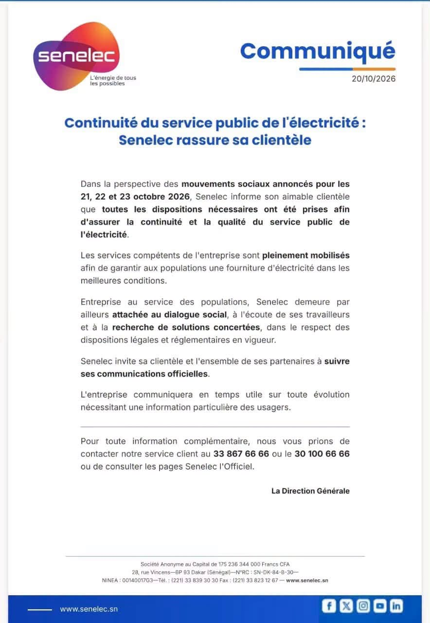 Senelec face à la grève annoncée des 21, 22 et 23 octobre : la Direction rassure et promet la continuité du service