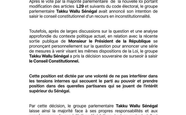 Le Groupe Takku Wallu Sénégal renonce finalement à saisir le Conseil Constitutionnel contre la modification des articles L29 et L30