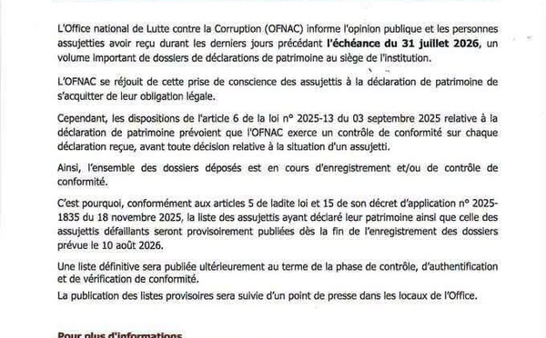 Transparence publique : L'Office National de Lutte contre la Fraude et la Corruption s’apprête à dévoiler les listes d’assujettis