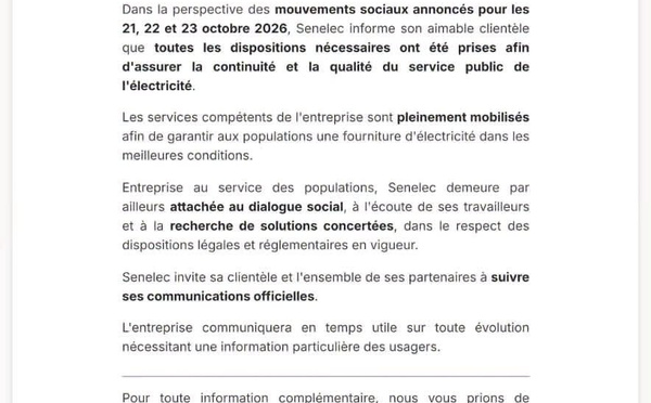 Senelec face à la grève annoncée des 21, 22 et 23 octobre : la Direction rassure et promet la continuité du service
