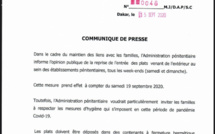 Covid-19 : L’Administration pénitentiaire permet la reprise de l’entrée des plats venant de l’extérieur au sein de la prison les week-ends. (DOCUMENT)