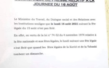 URGENT - Le Lundi 16 Août 2021 n'est pas férié  (DOCUMENT OFFICIEL)
