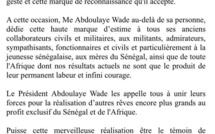 Le stade du Sénégal baptisé en son nom- Voici la réaction de Me Wade Le stade du Sénégal baptisé en son nom- Voici la réaction de Me Wade