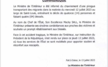 Chavirement d’une pirogue de migrants : Le ministère de l’intérieur annonce 14 morts et 4 blessés.